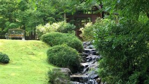 Ein Garten mit einem kleinen Wasserfall, ordentlich geschnittenen Sträuchern und einer hölzernen Bank.