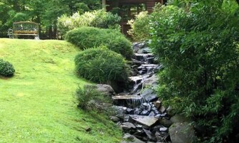 Un jardín con una pequeña cascada, arbustos bien recortados y un banco de madera.