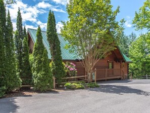 A log cabin with a green roof, surrounded by trees and a gravel driveway. - Eagles Point Lodge (Gatlinburg)