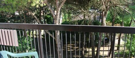 Varanda com guarda-corrimão de metal, deck de madeira e vista para árvores e um jardim.