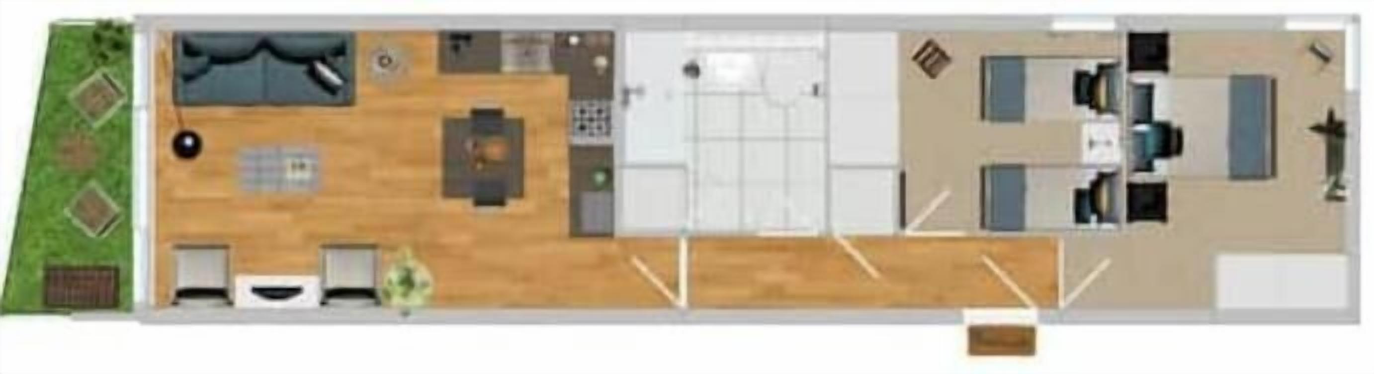 Planta de um hotel com área de jantar, cozinha e sala de estar separadas.