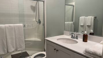 Shower, hair dryer, towels, soap
