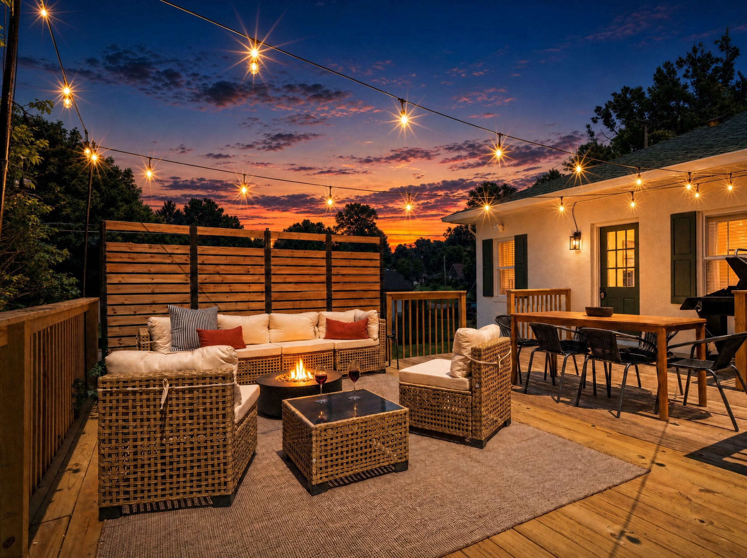 The lights come on around the time everyone gets back from the gorge. Out back: a propane grill, a fire pit dining table, and a sectional that nobody wants to get up from. It's a good rhythm.