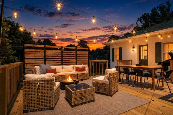 The lights come on around the time everyone gets back from the gorge. Out back: a propane grill, a fire pit dining table, and a sectional that nobody wants to get up from. It's a good rhythm.
