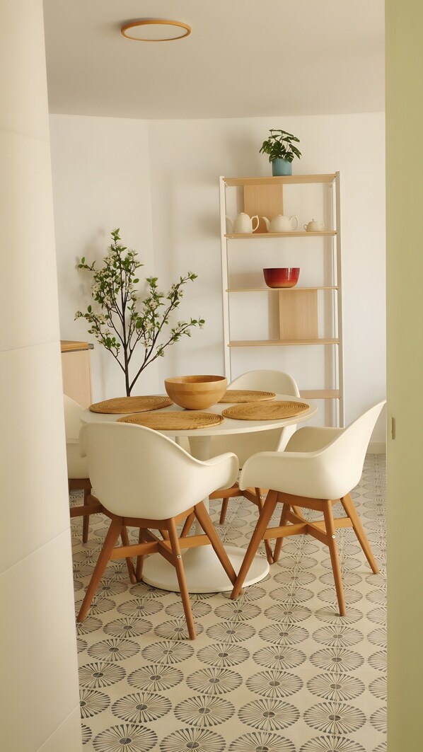 A dining area with a round table, white chairs, a wooden floor, and a white wall.