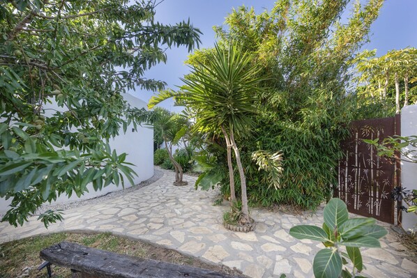 A stone pathway leading to a white building, surrounded by various plants and trees.