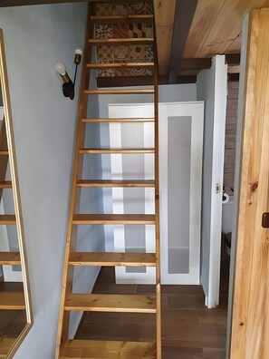 A wooden ladder leading to a lofted space with patterned tiles, a white door, and a wooden floor.