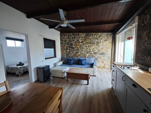 Sala de estar com parede de pedra, um sofá, uma mesa de madeira e um ventilador de teto.