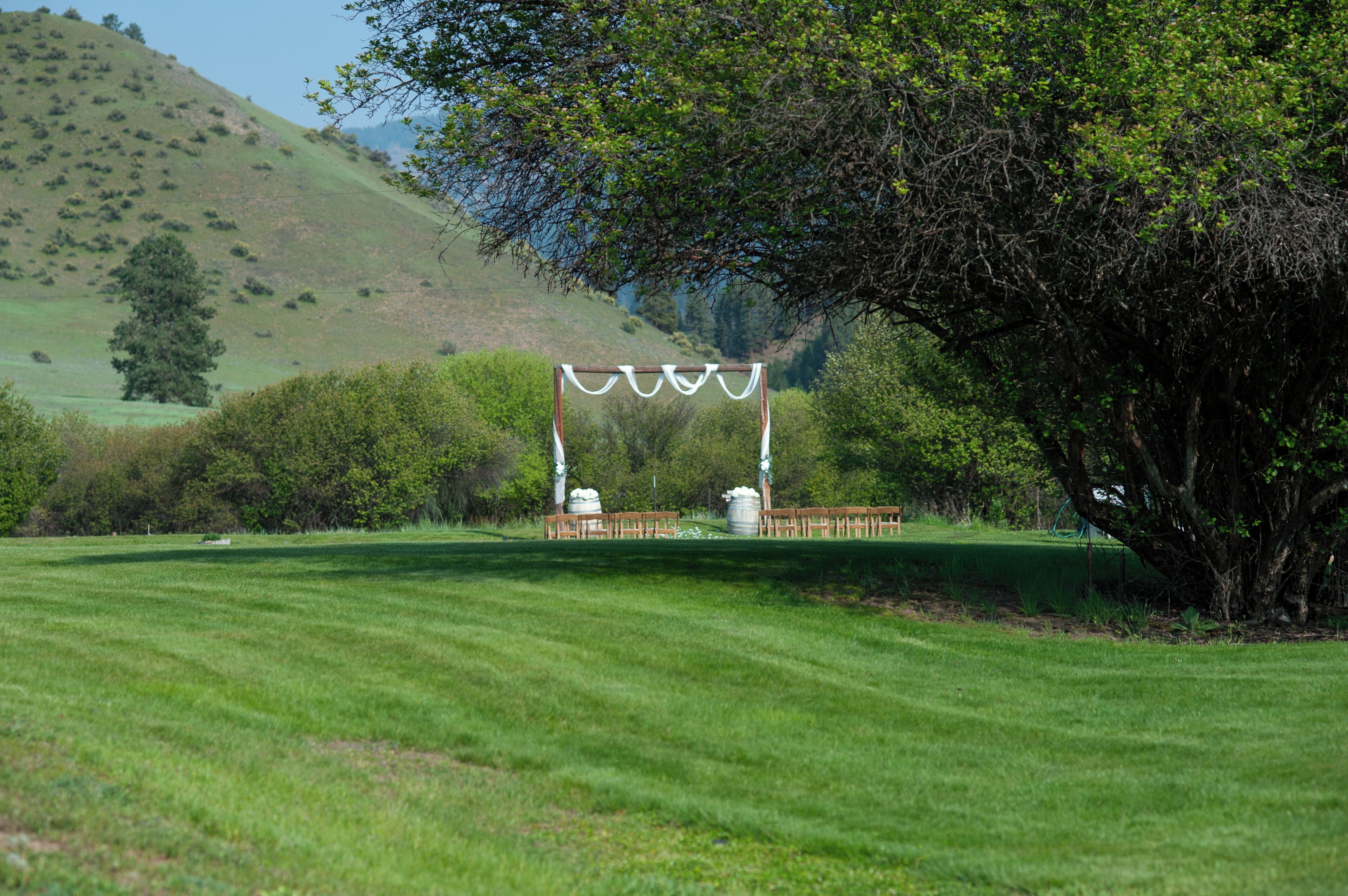A grassy field with a wooden structure and a tree.