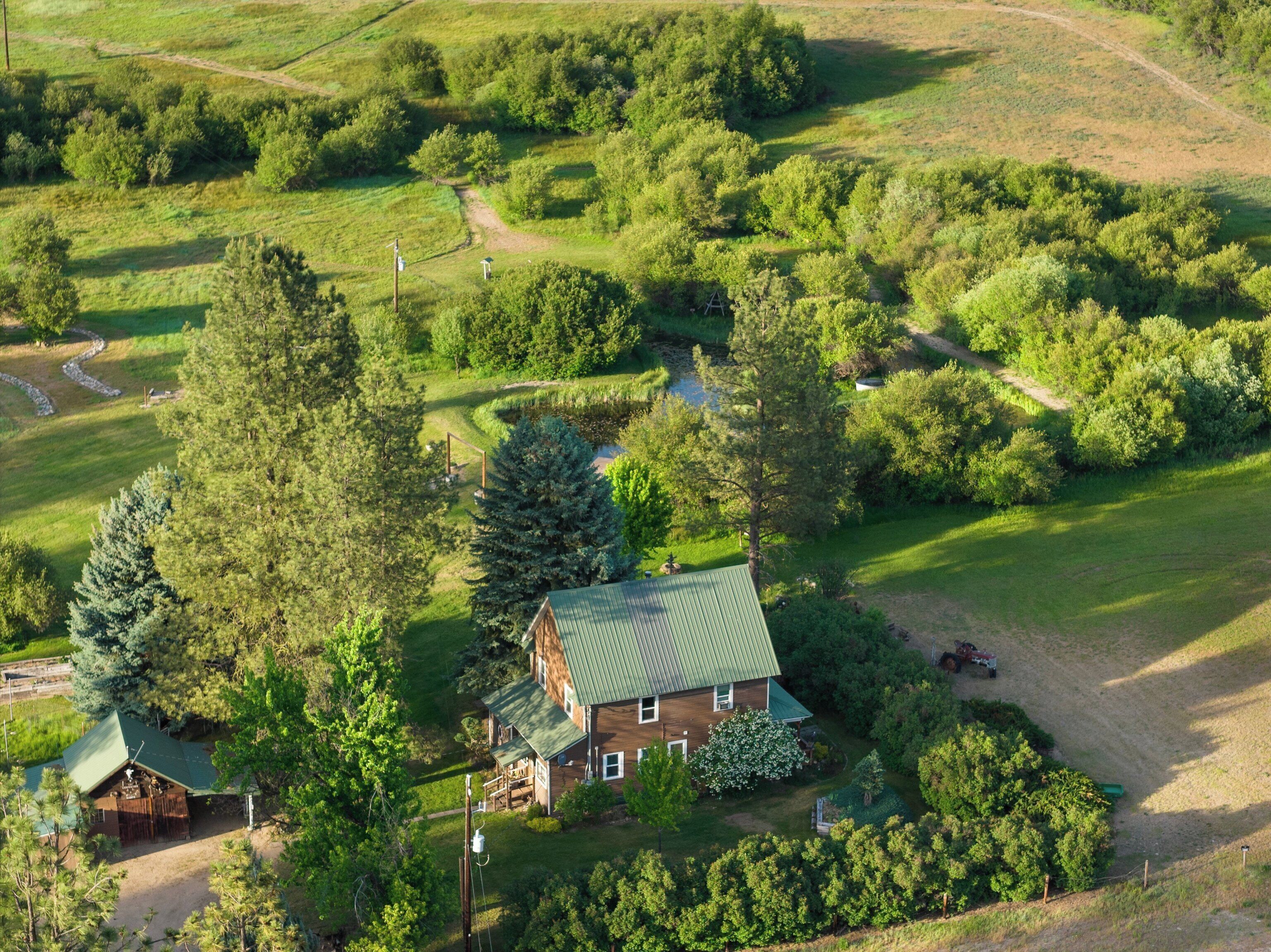 A rural house with a green roof, surrounded by dense trees and open fields.