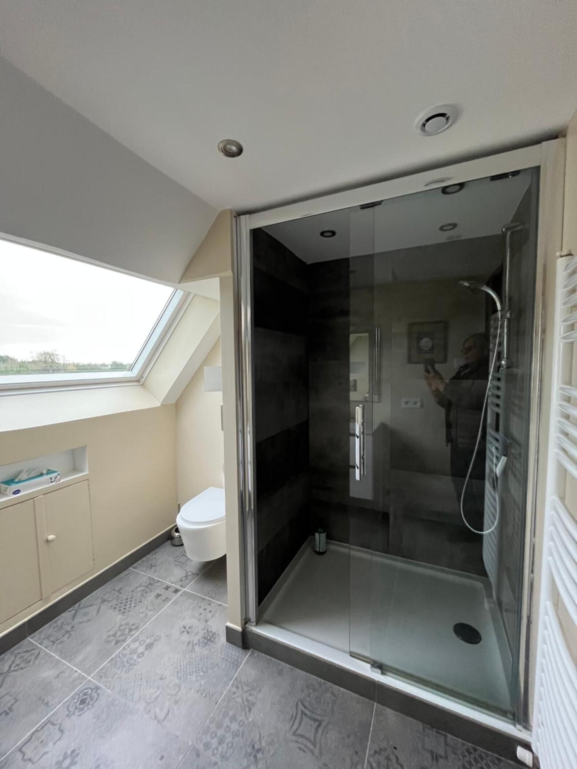 Shower, hair dryer, towels