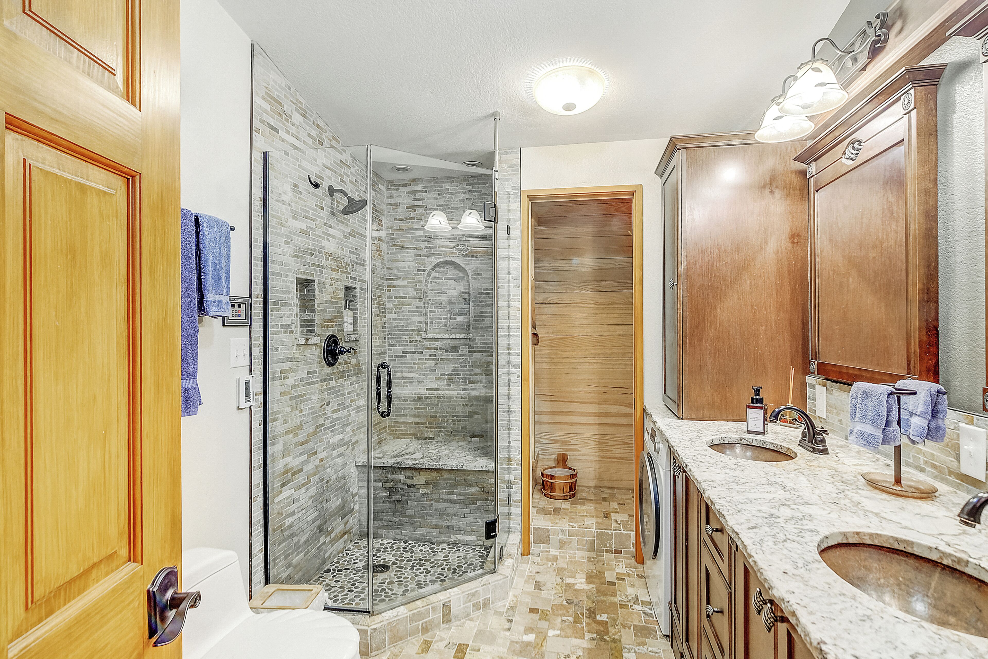Hair dryer, towels, soap, toilet paper