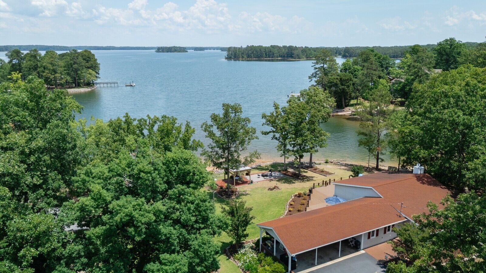 Beautiful drone shot of the view of the lake from the back deck.