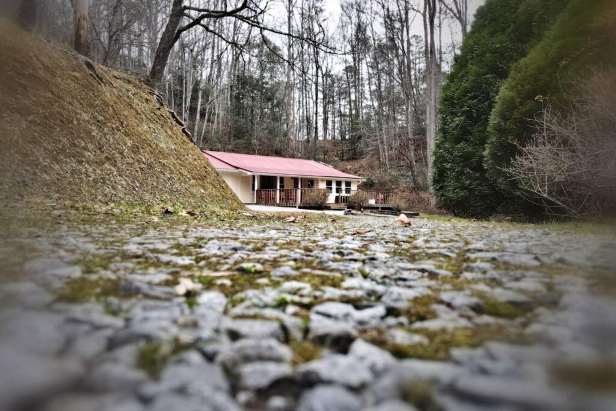 Ein Haus mit rotem Dach, umgeben von Bäumen und einer grünen Böschung.
