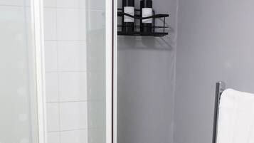A bathroom with a glass-enclosed shower, a potted plant, a towel rack, and a shelf with bottles.