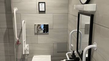 A modern bathroom with a toilet, sink, and mirror.