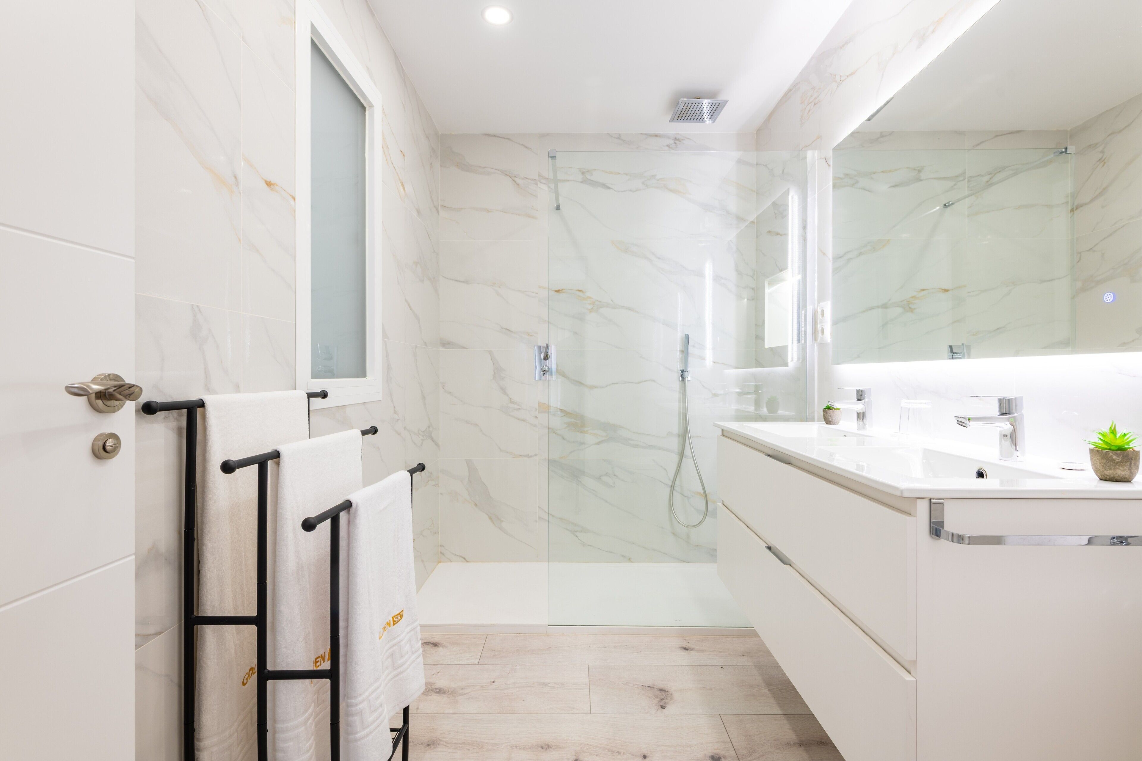 Shower, hair dryer, towels