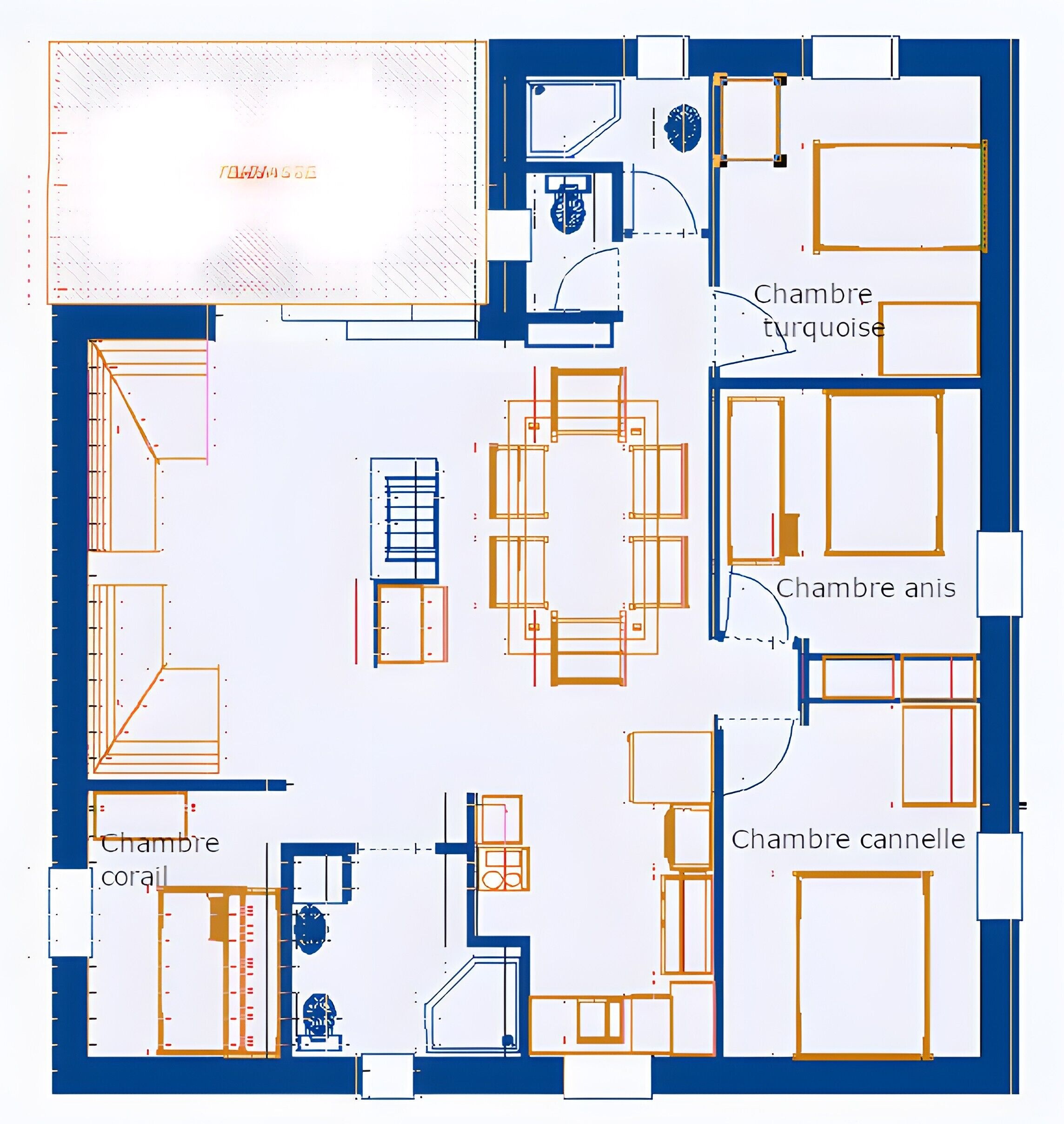 Plano de planta con habitaciones identificadas, incluyendo una 'Chambre turquoise', una 'Chambre anis' y una 'Chambre cannelle'.