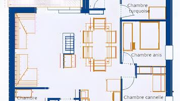 Plano de planta con habitaciones identificadas, incluyendo una 'Chambre turquoise', una 'Chambre anis' y una 'Chambre cannelle'.