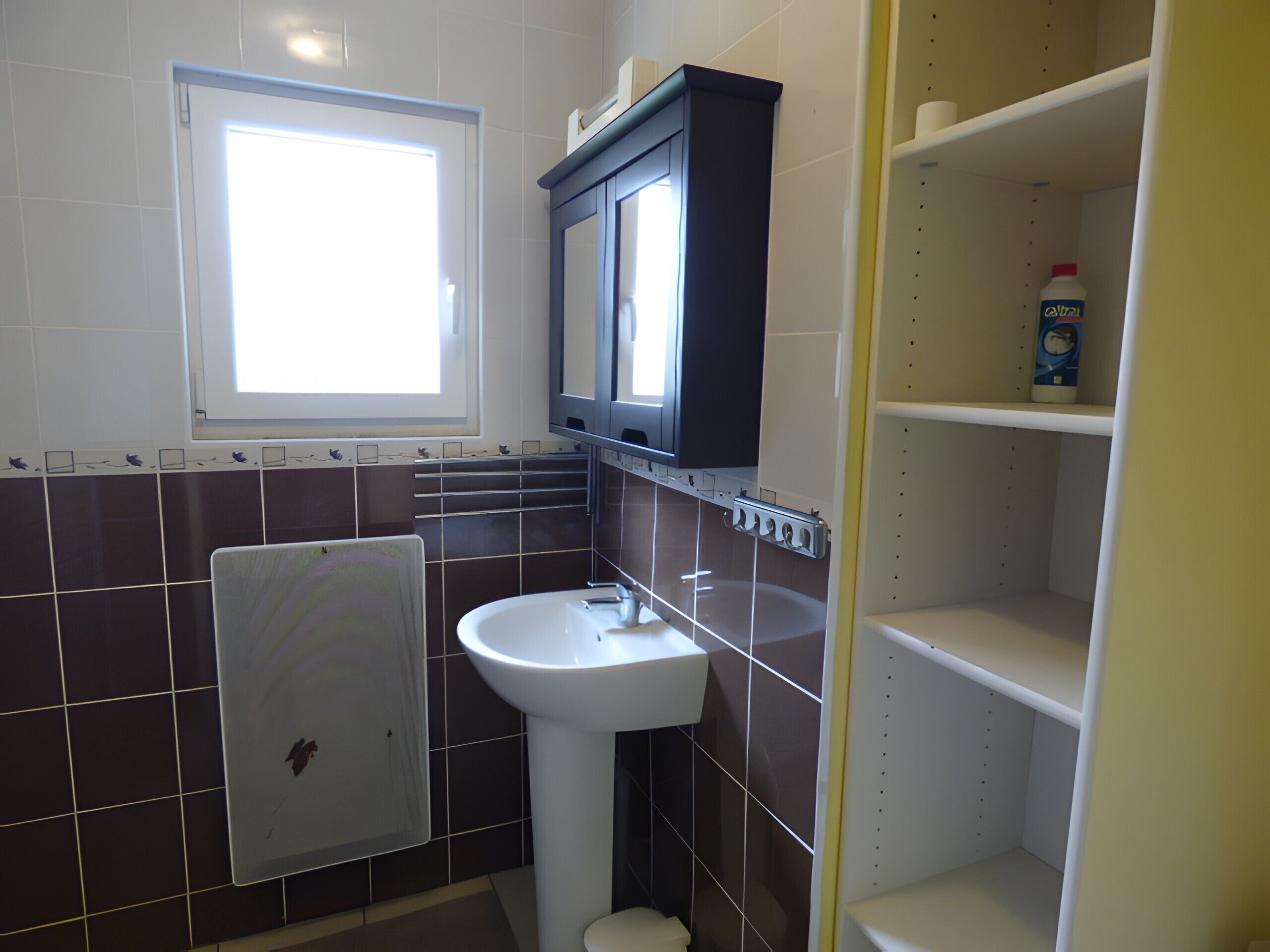 A bathroom with a white sink, a mirror above it, and a window. There is a towel rack and a shelf with a bottle.