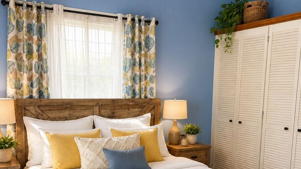 A bedroom with a wooden headboard, a bed with white bedding, a yellow throw blanket, and a window with patterned curtains.