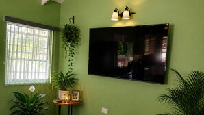 A living room with a green wall, a flat-screen TV mounted above a small table with a plant, and a sofa with cushions.