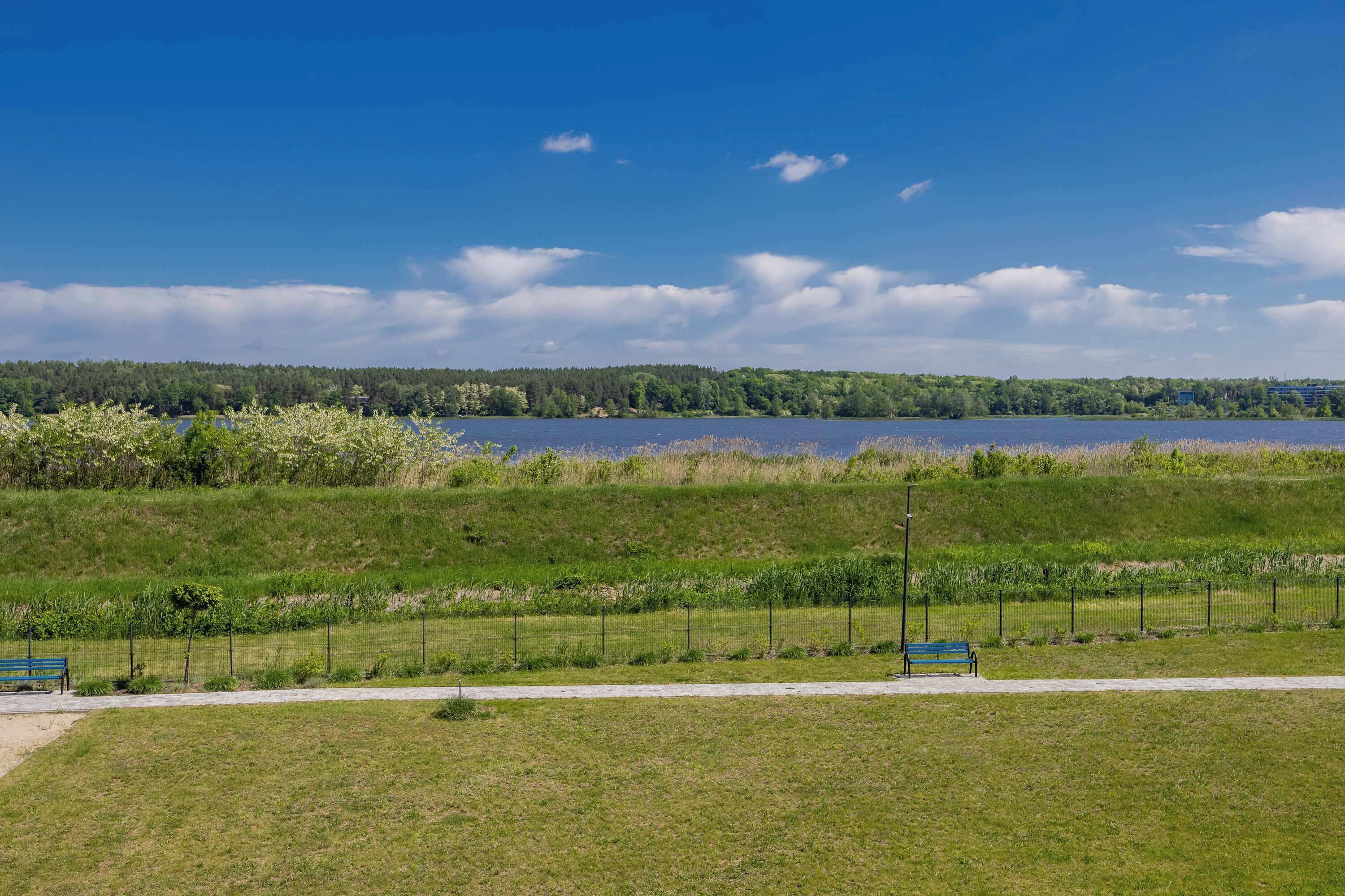 A lakeside view with a grassy area, a walking path, and a bench.