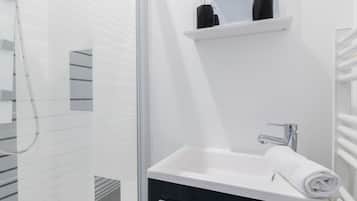Shower, hair dryer, towels, shampoo