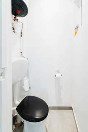 Een kleine, schone badkamer met een wit toilet, een zwart zitje, een witte wasbak en een toiletrolhouder.