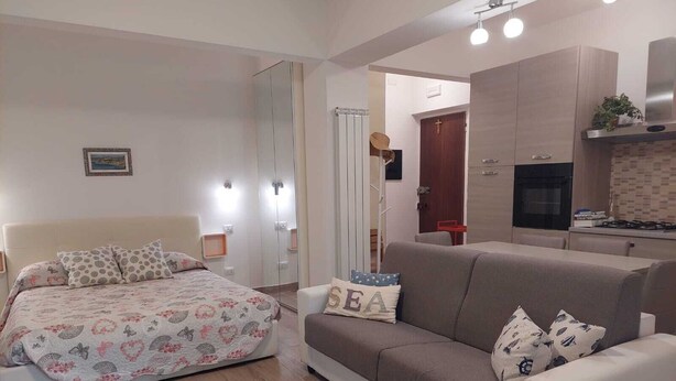 Ein Schlafzimmer mit Bett, einer Couch, einem Spiegel und einer Küchenzeile.