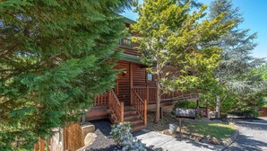 A log cabin with a wooden staircase, surrounded by dense greenery and a well-maintained garden. - Crazy Horse (Sevierville)