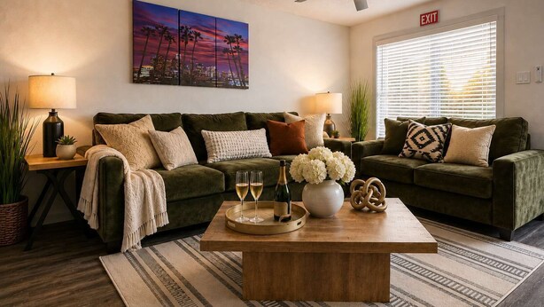 A living room with two green sofas, a coffee table with drinks and flowers, a cityscape painting, and an exit sign. - City Comfort • 2BR • Stadium Within Walking (Arlington)
