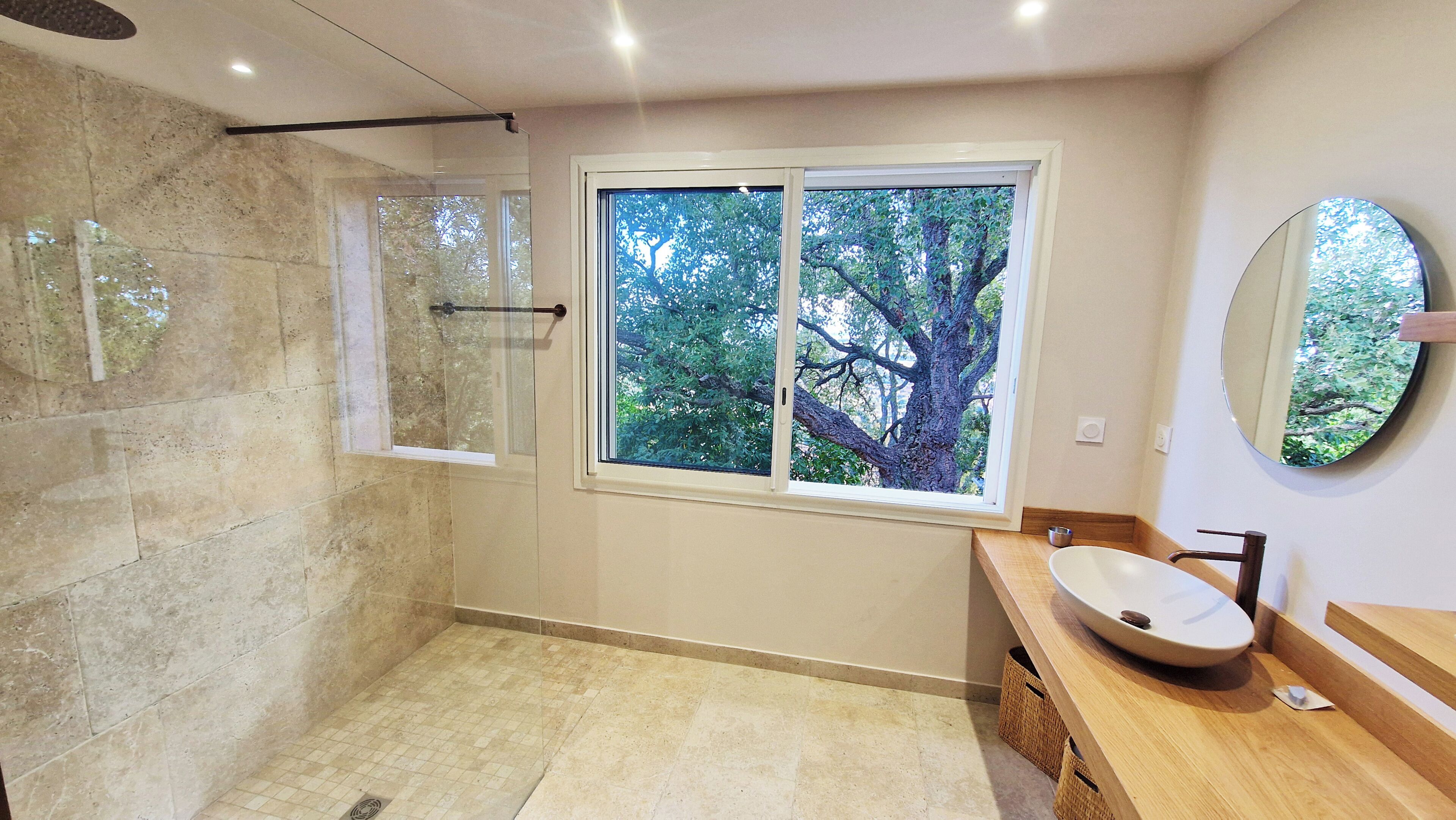 Shower, hair dryer, towels, toilet paper