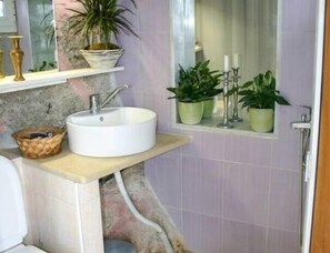 Ein Badezimmer mit Waschbecken, Spiegel, Zimmerpflanze und Handtuchhalter.