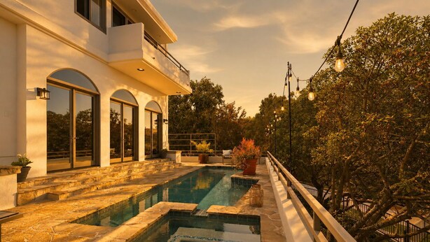A modern house with a swimming pool, stone steps, and a balcony overlooking the pool. - 4BR Luxury Home with Private Pool & Jacuzzi (Los Angeles)