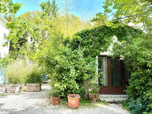 A garden area with potted plants, a wooden bench, and a building entrance. - Villa le Verger in Aix-en-Provence (Aix-en-Provence)