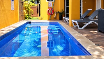 Shared saltwater plunge pool, approximately 3–4 ft deep, with poolside loungers.