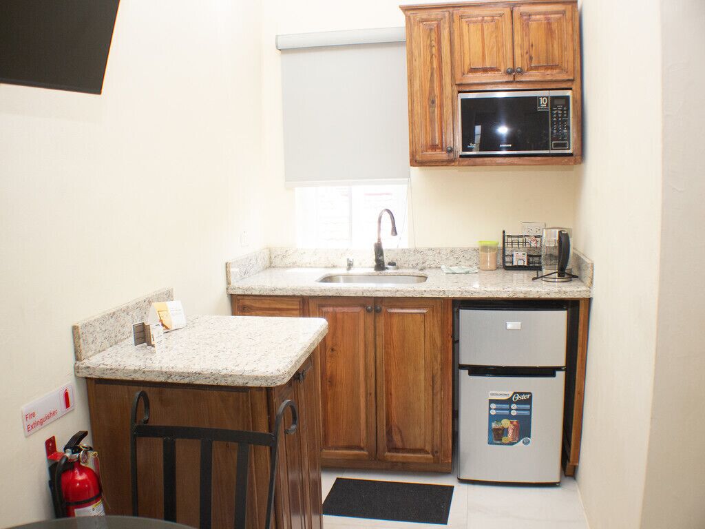 Fridge, microwave, stovetop, coffee/tea maker