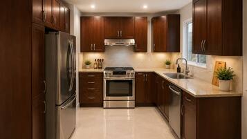 A modern kitchen with dark wooden cabinets, stainless steel appliances, and a tiled floor.