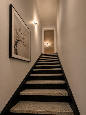 A staircase with a framed artwork on the wall, a light fixture above the door, and a textured floor.