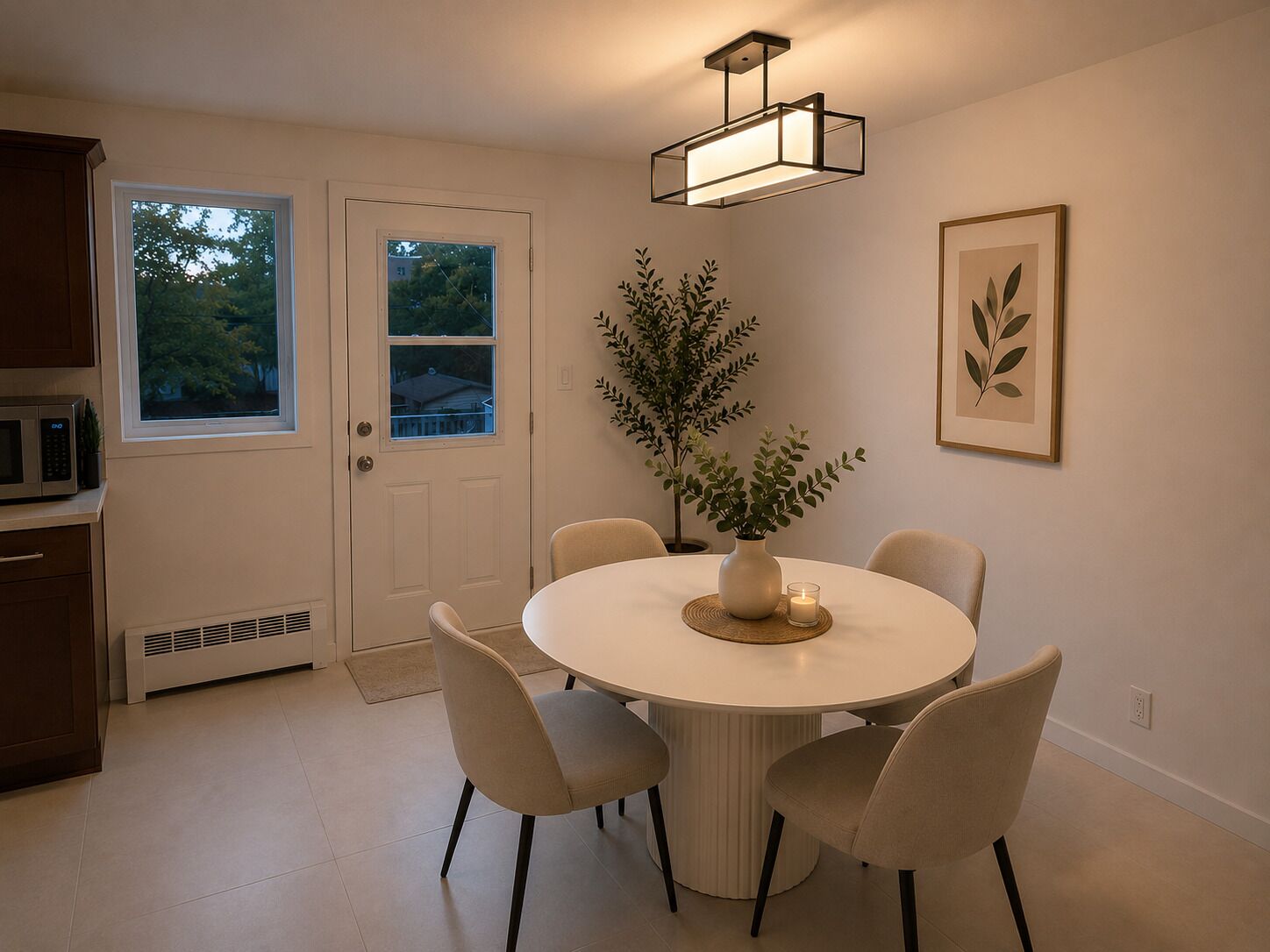 Un coin repas comprenant une table ronde, quatre chaises, une plante en pot, un tableau encadré et un luminaire suspendu au plafond.