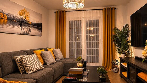 A modern living room with a sectional sofa, a coffee table, a TV, and a large window with curtains. - Luxury apartment 3BR (Longueuil)