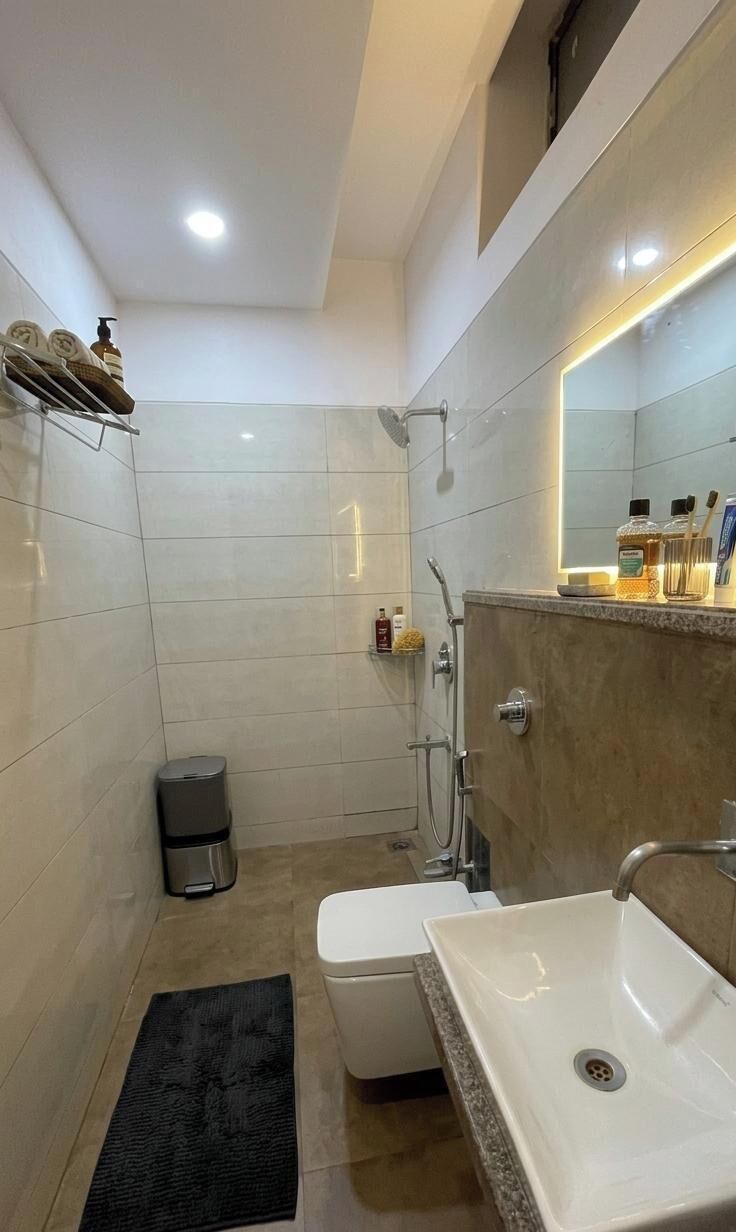 Un baño moderno con ducha, inodoro, lavabo y espejo con marco iluminado.