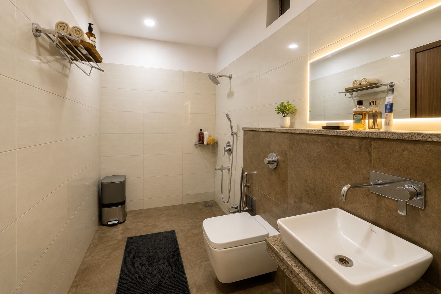 A modern bathroom with a toilet, bidet, and sink, featuring a mirror, towel rack, and shelf with toiletries.