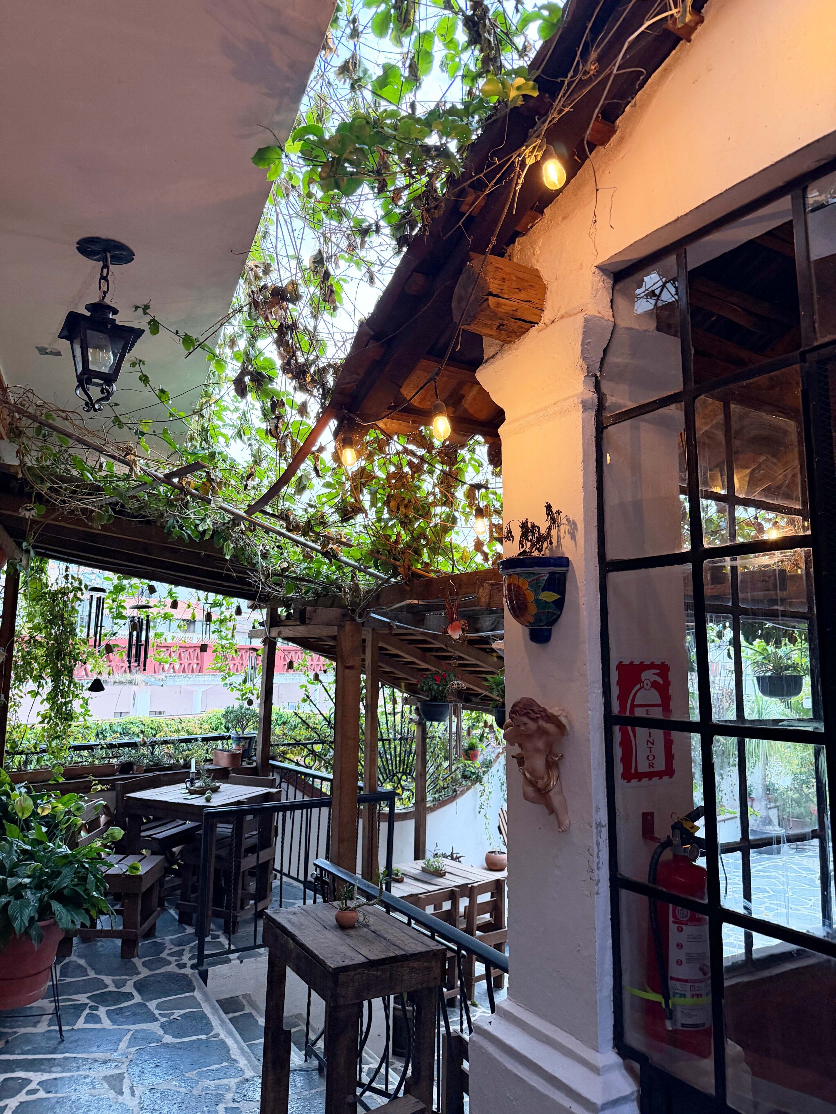 An outdoor patio with wooden tables and chairs, hanging plants, and a fire extinguisher mounted on the wall.