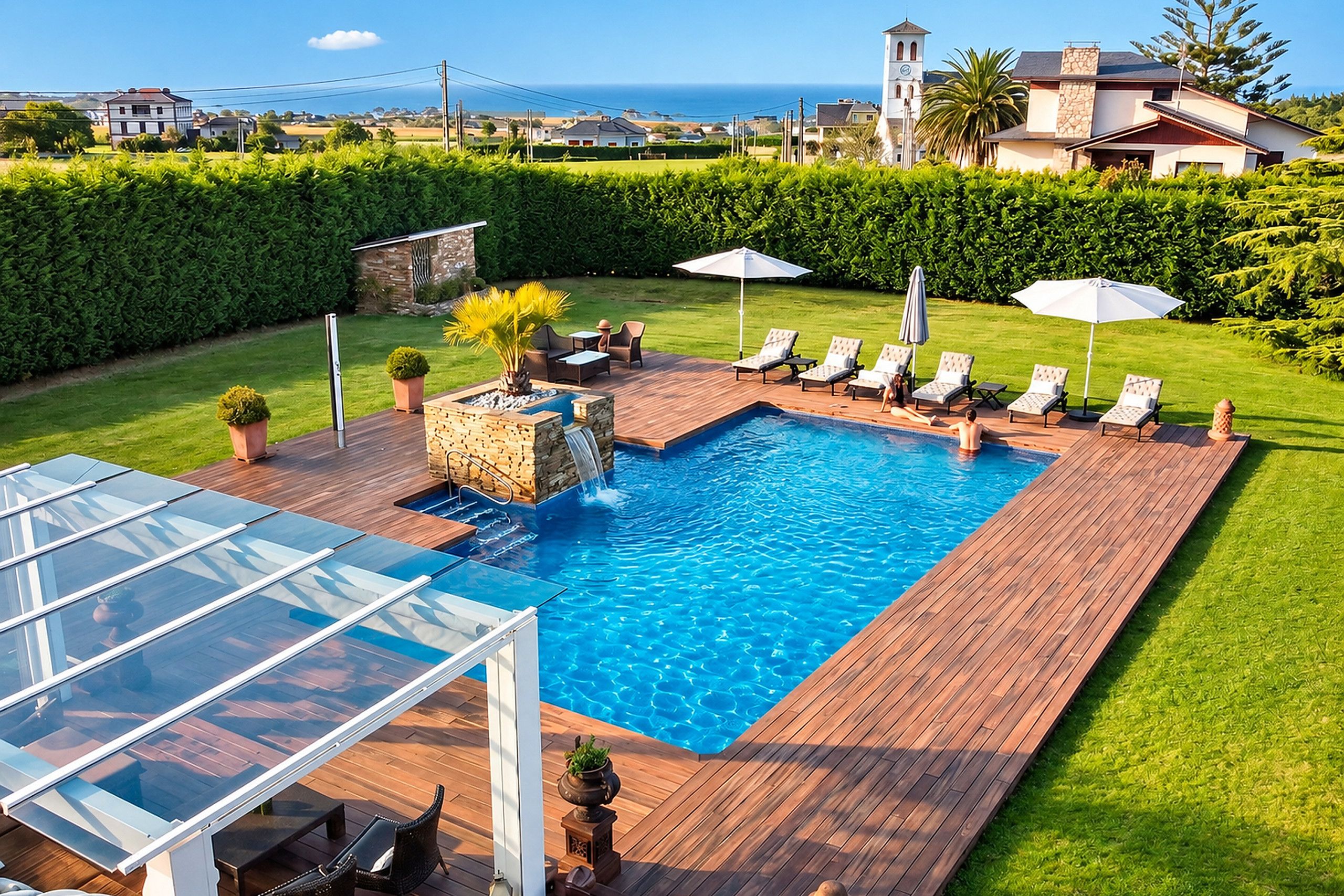 A rectangular swimming pool with a waterfall feature, surrounded by a wooden deck and lounge chairs.
