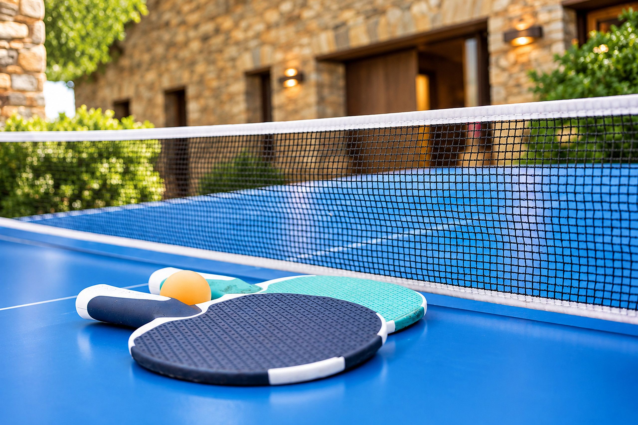 Une table de ping-pong bleue, avec deux raquettes et une balle, est placée devant un bâtiment en pierre, avec un filet au premier plan.