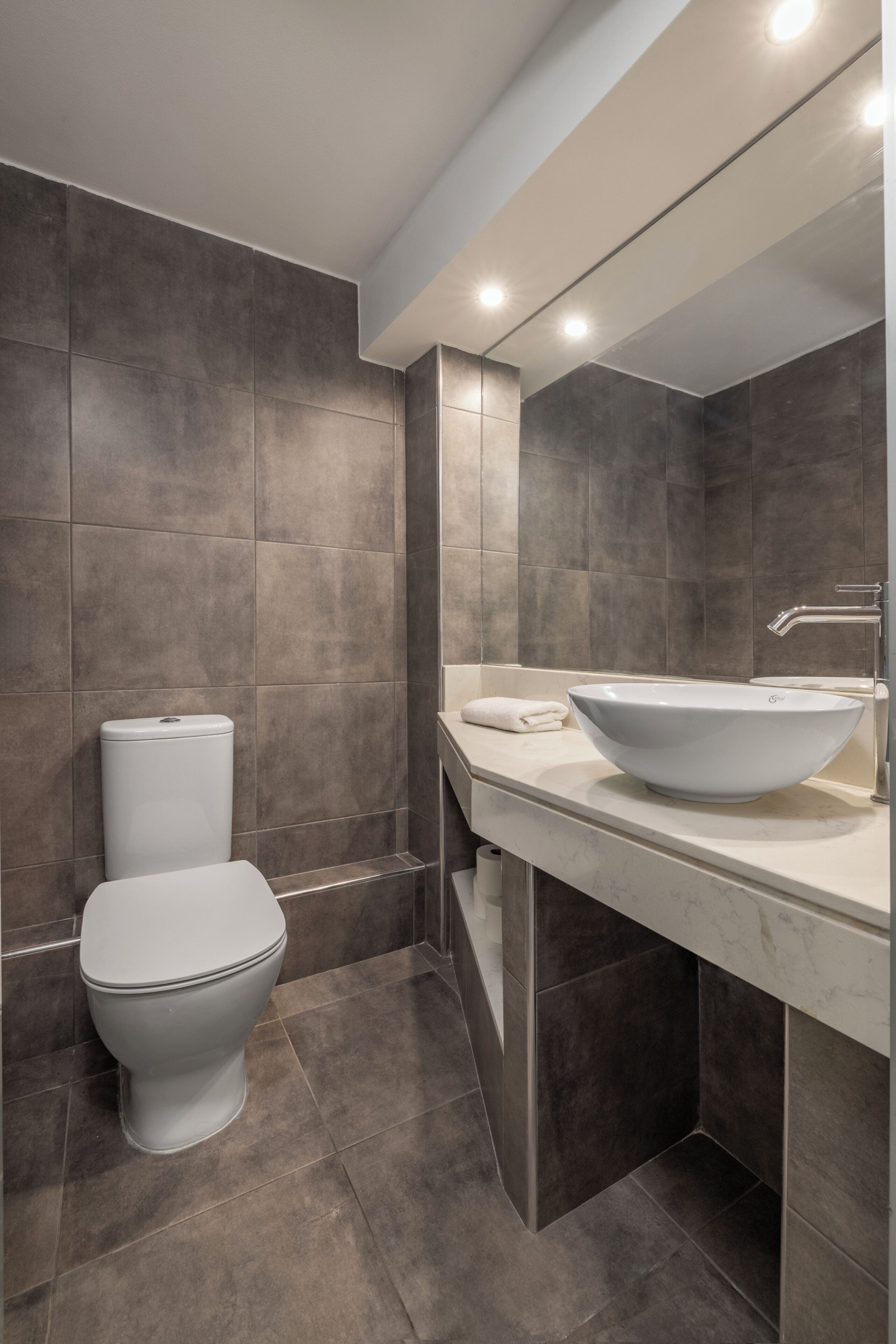 A modern bathroom with a toilet, a large sink, and a mirror.