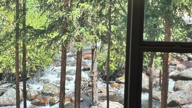Vista desde una ventana: zona boscosa con arroyo y rocas.