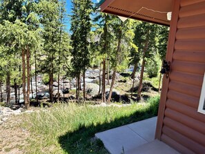 A wooden cabin with a porch overlooking a forested area with a stream. - RIVER SIDE walking distance to town/the lake & Rocky Mnt Natl Park! 3-bedroom (Grand Lake)